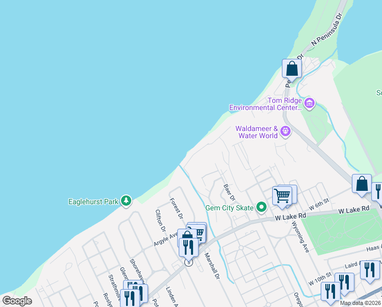 map of restaurants, bars, coffee shops, grocery stores, and more near 3260 Lake Front Drive in Erie