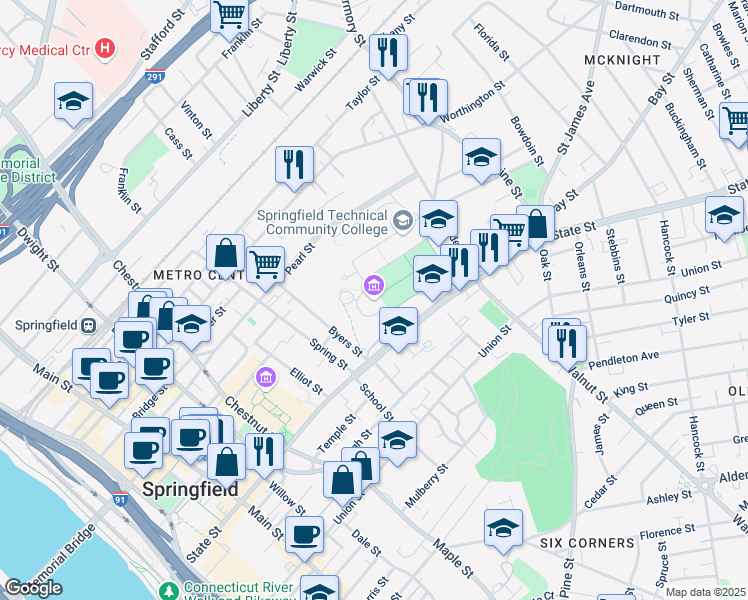 map of restaurants, bars, coffee shops, grocery stores, and more near 1 Armory Street in Springfield