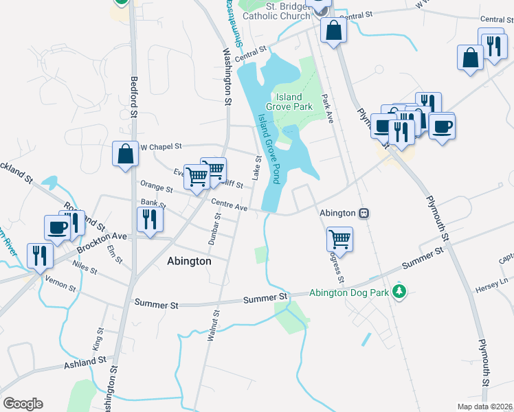 map of restaurants, bars, coffee shops, grocery stores, and more near 86 Centre Avenue in Abington