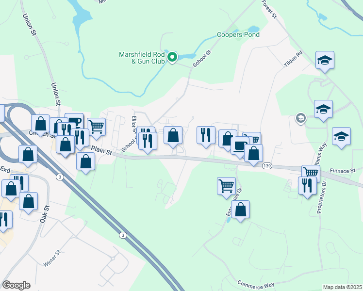 map of restaurants, bars, coffee shops, grocery stores, and more near 6 Old Stage Stop Vil in Marshfield