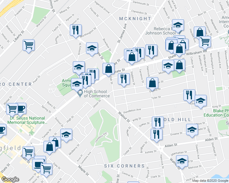 map of restaurants, bars, coffee shops, grocery stores, and more near 63 Oak Street in Springfield