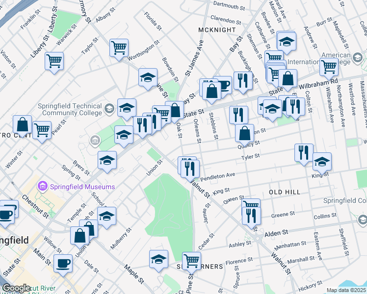 map of restaurants, bars, coffee shops, grocery stores, and more near 63 Oak Street in Springfield