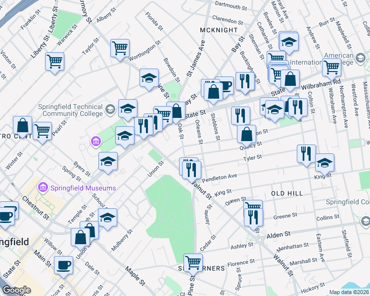 map of restaurants, bars, coffee shops, grocery stores, and more near 33 Oak Street in Springfield