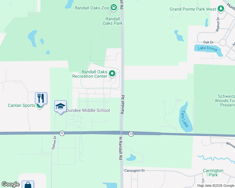 map of restaurants, bars, coffee shops, grocery stores, and more near 400 Randall Road in West Dundee