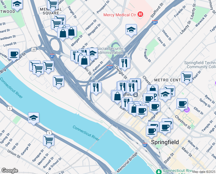 map of restaurants, bars, coffee shops, grocery stores, and more near 1985 Main St in Springfield