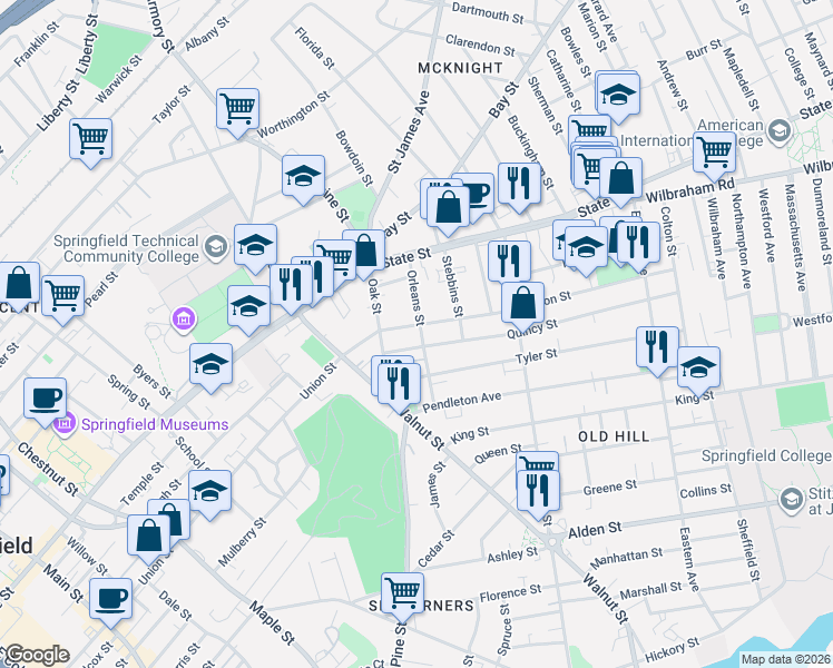 map of restaurants, bars, coffee shops, grocery stores, and more near 76 Orleans Street in Springfield