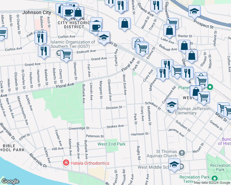map of restaurants, bars, coffee shops, grocery stores, and more near 10 Serrell Avenue in Binghamton