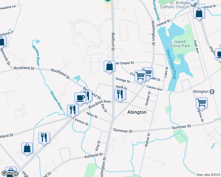 map of restaurants, bars, coffee shops, grocery stores, and more near 135 Bedford Street in Abington