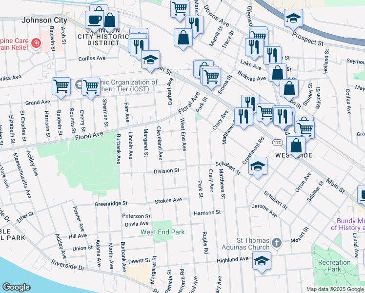 map of restaurants, bars, coffee shops, grocery stores, and more near 169 West End Avenue in Binghamton