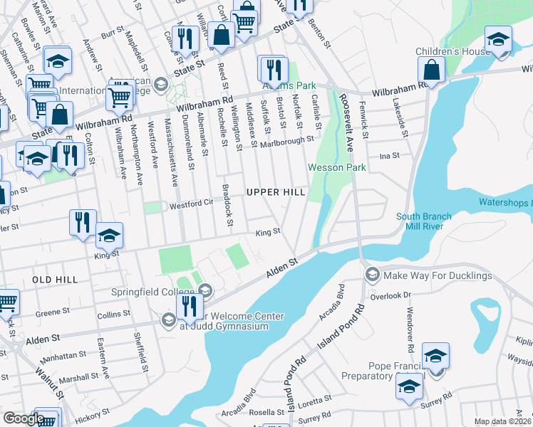 map of restaurants, bars, coffee shops, grocery stores, and more near 163-165 Middlesex Street in Springfield