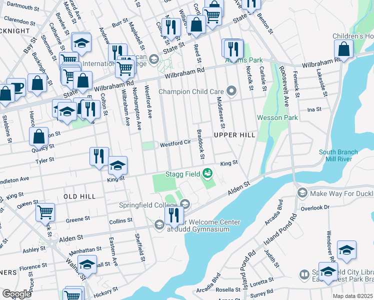 map of restaurants, bars, coffee shops, grocery stores, and more near 100 Westford Circle in Springfield