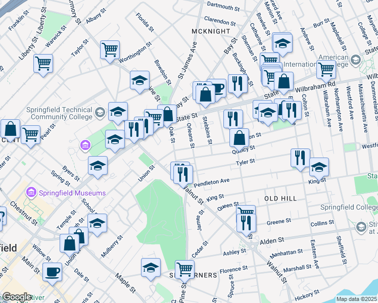 map of restaurants, bars, coffee shops, grocery stores, and more near 33 Oak Street in Springfield