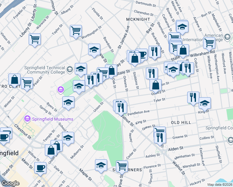 map of restaurants, bars, coffee shops, grocery stores, and more near 33 Oak Street in Springfield
