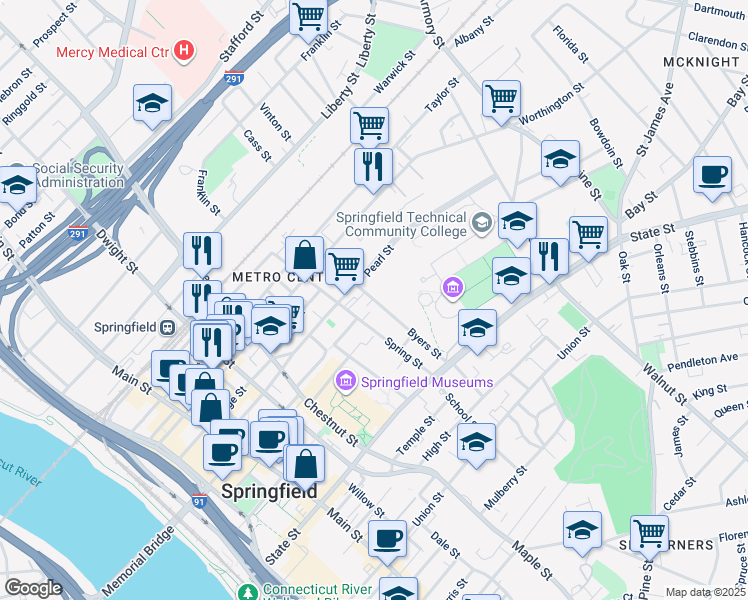 map of restaurants, bars, coffee shops, grocery stores, and more near 120-130 Byers Street in Springfield