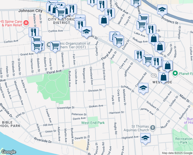 map of restaurants, bars, coffee shops, grocery stores, and more near 1 Grant Avenue in Binghamton