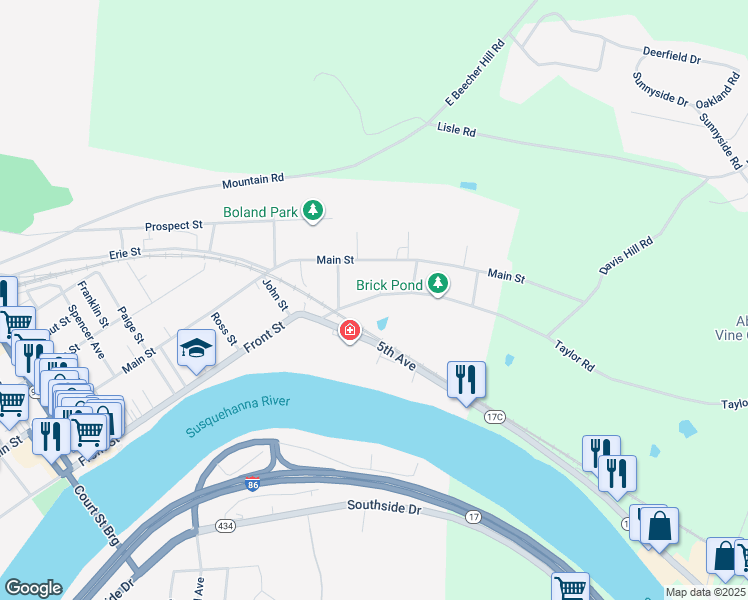 map of restaurants, bars, coffee shops, grocery stores, and more near 505 E Front St in Owego