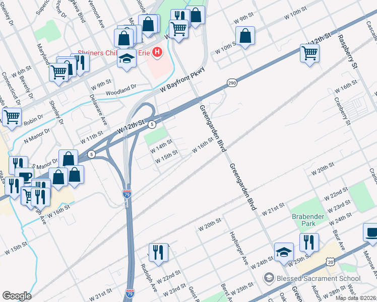 map of restaurants, bars, coffee shops, grocery stores, and more near 1672 West 15th Street in Erie