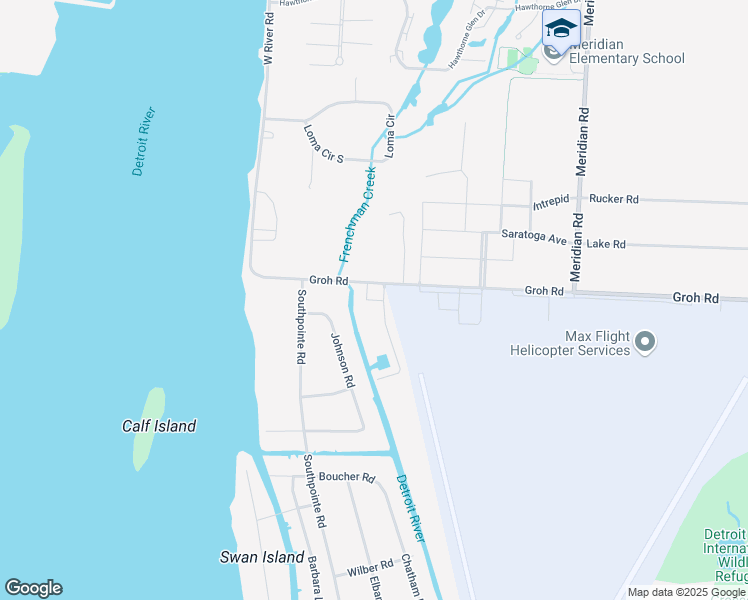 map of restaurants, bars, coffee shops, grocery stores, and more near 10156-10170 Groh Road in Grosse Ile Township