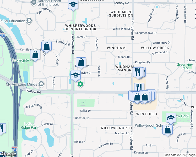 map of restaurants, bars, coffee shops, grocery stores, and more near 3005 Highland Road in Northbrook