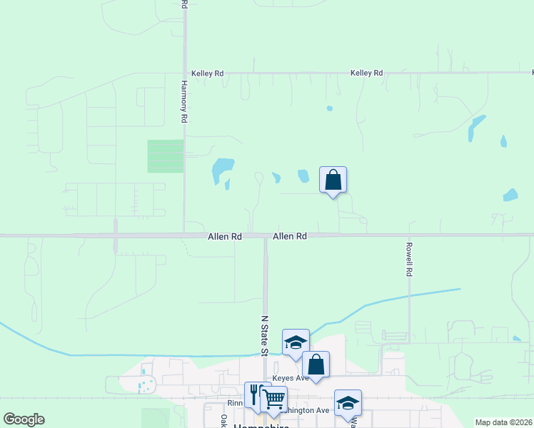 map of restaurants, bars, coffee shops, grocery stores, and more near 46W996 Allen Road in Hampshire