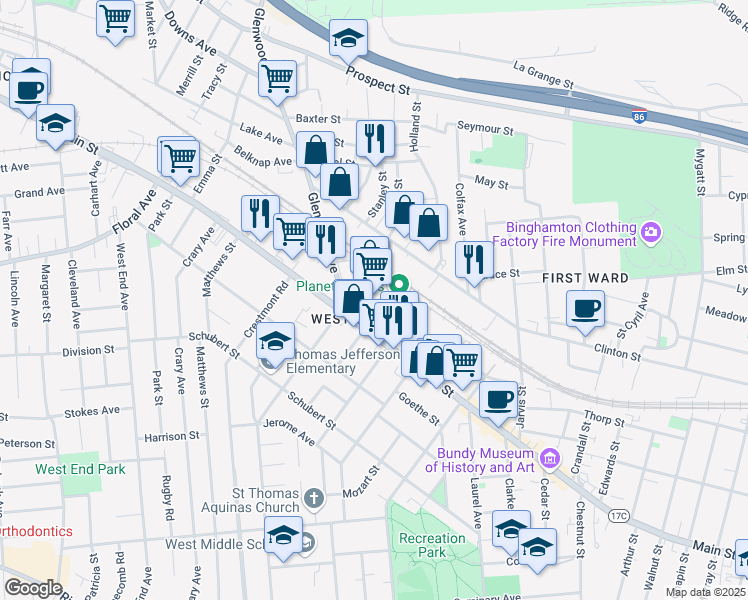 map of restaurants, bars, coffee shops, grocery stores, and more near 10 Glenwood Avenue in Binghamton
