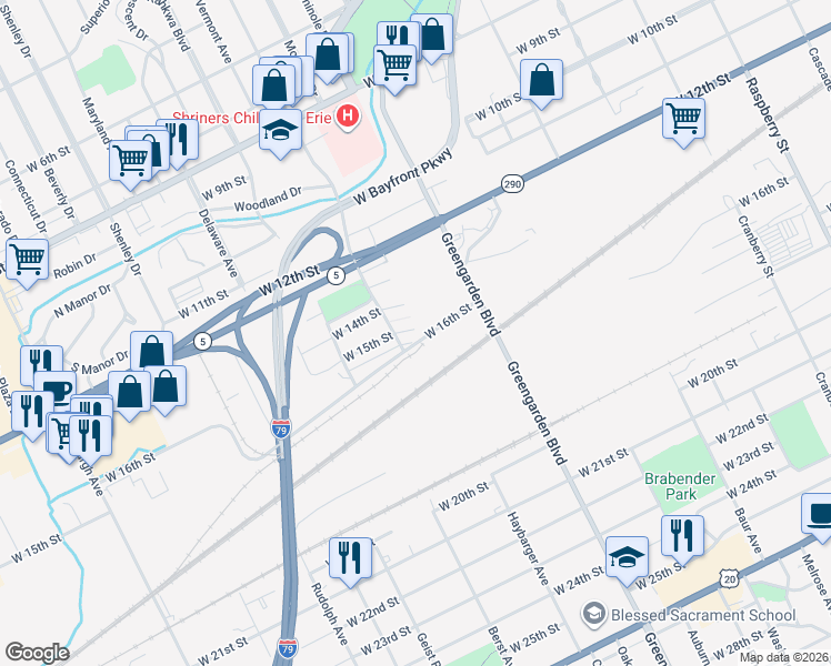 map of restaurants, bars, coffee shops, grocery stores, and more near 1672 West 15th Street in Erie