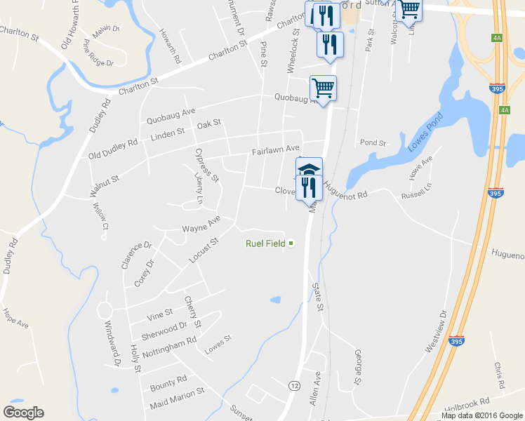 map of restaurants, bars, coffee shops, grocery stores, and more near 9 Clover Street in Oxford