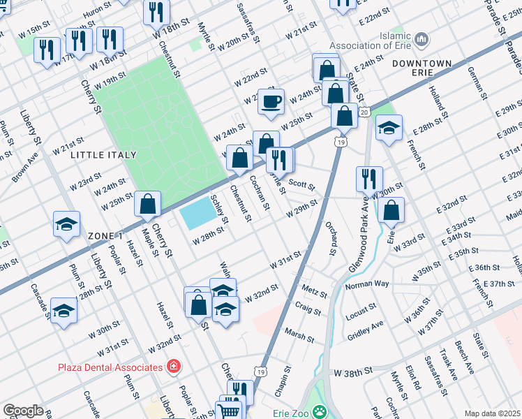 map of restaurants, bars, coffee shops, grocery stores, and more near 2662 Cochran Street in Erie