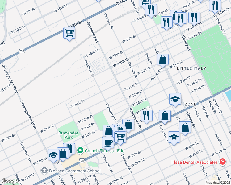 map of restaurants, bars, coffee shops, grocery stores, and more near 1122 West 21st Street in Erie