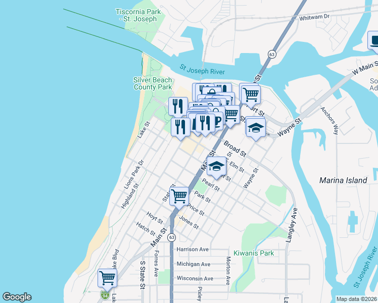 map of restaurants, bars, coffee shops, grocery stores, and more near 505 Lake Street in Saint Joseph