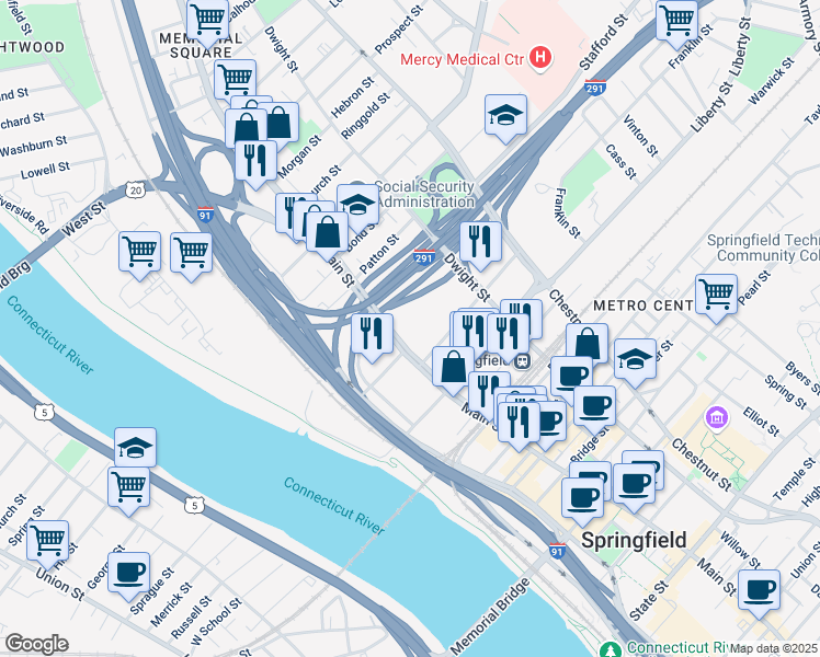 map of restaurants, bars, coffee shops, grocery stores, and more near 1985 Main Street in Springfield