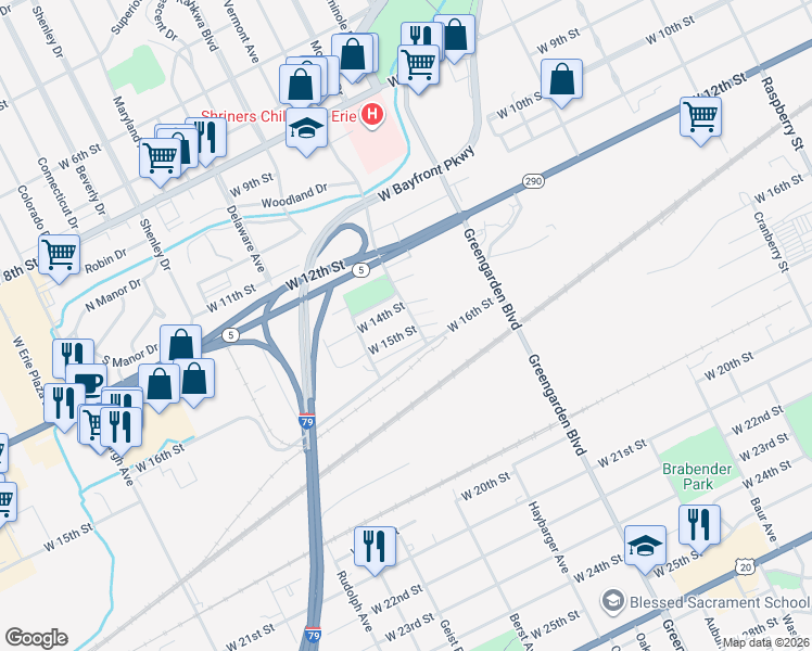 map of restaurants, bars, coffee shops, grocery stores, and more near 1708 West 15th Street in Erie