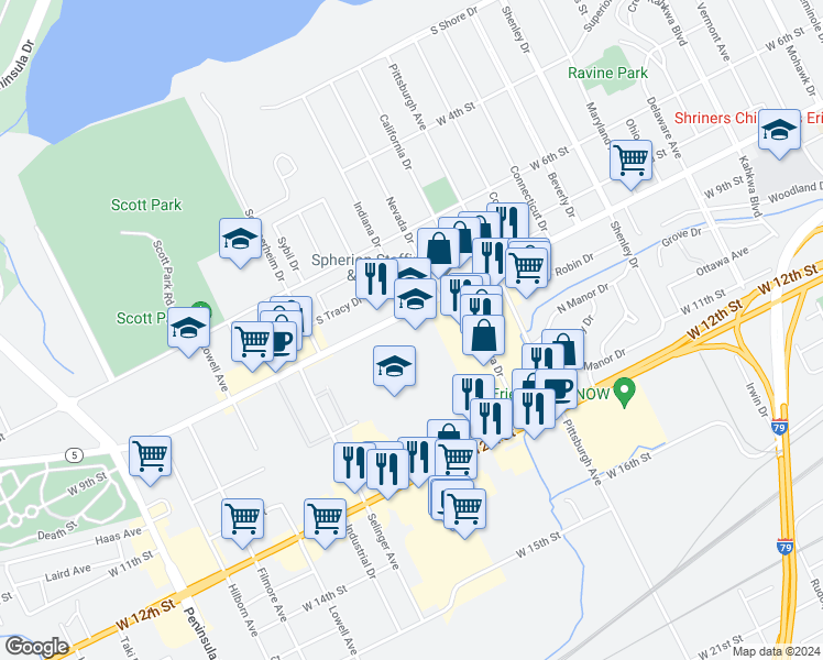 map of restaurants, bars, coffee shops, grocery stores, and more near 2399 West 8th Street in Erie