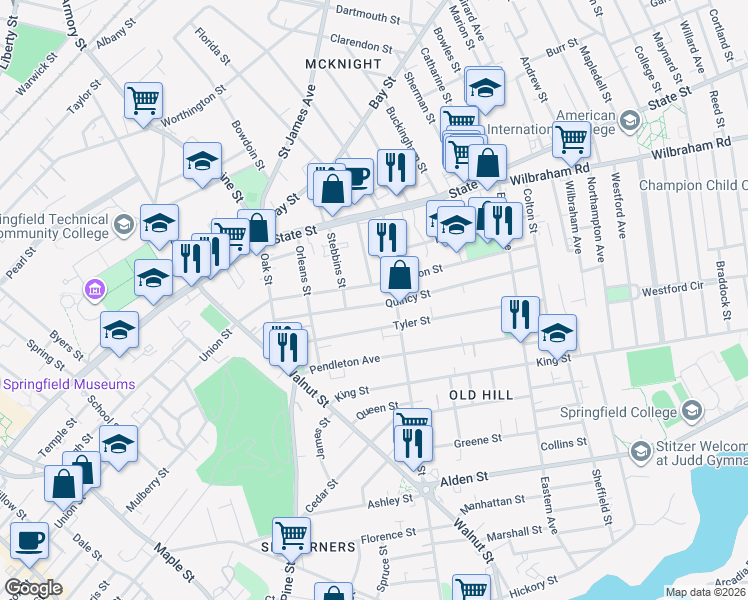 map of restaurants, bars, coffee shops, grocery stores, and more near 582 Union Street in Springfield