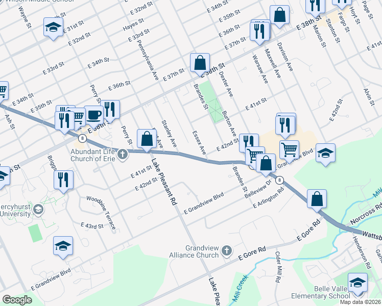 map of restaurants, bars, coffee shops, grocery stores, and more near 4165 Pine Avenue in Erie