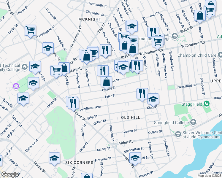 map of restaurants, bars, coffee shops, grocery stores, and more near 149 Quincy Street in Springfield