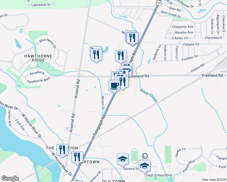 map of restaurants, bars, coffee shops, grocery stores, and more near 27110 Wager Street in Flat Rock