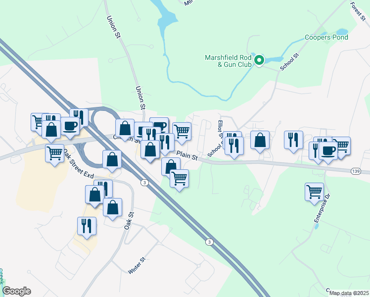 map of restaurants, bars, coffee shops, grocery stores, and more near 3 Royal Dane Drive in Marshfield