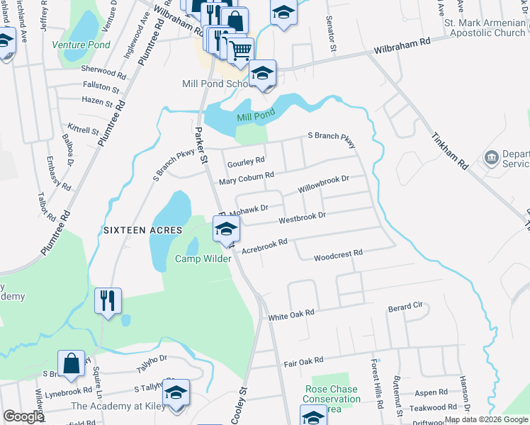 map of restaurants, bars, coffee shops, grocery stores, and more near 82 Mohawk Drive in Springfield