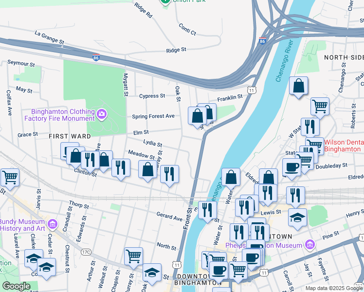 map of restaurants, bars, coffee shops, grocery stores, and more near 13-19 Gaines Street in Binghamton