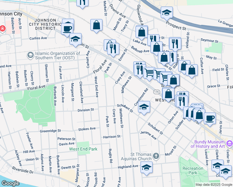 map of restaurants, bars, coffee shops, grocery stores, and more near 81 Grand Boulevard in Binghamton