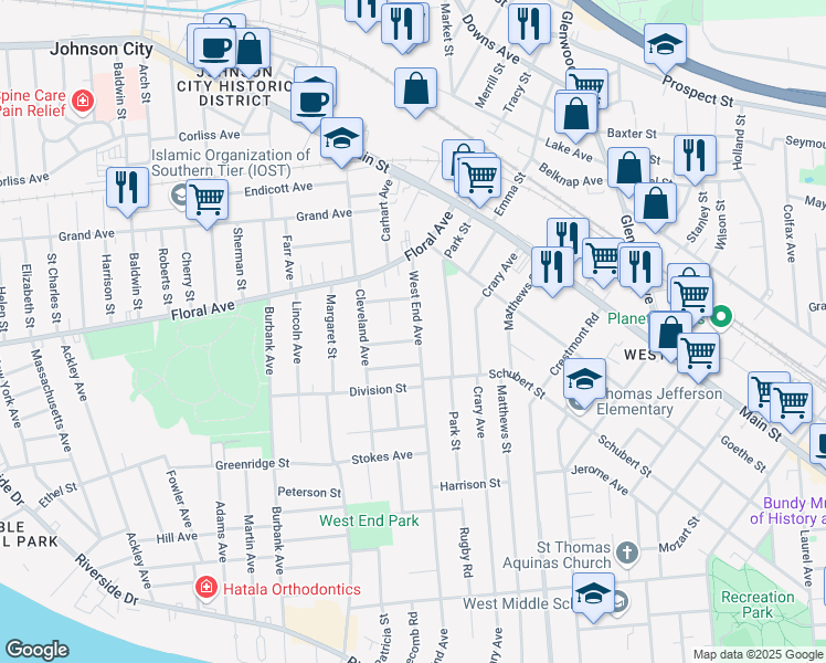 map of restaurants, bars, coffee shops, grocery stores, and more near 176 West End Avenue in Binghamton
