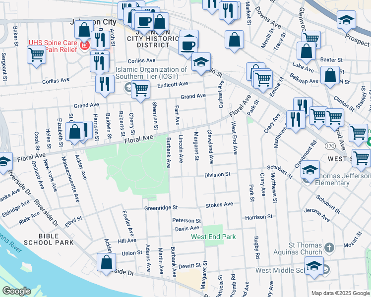 map of restaurants, bars, coffee shops, grocery stores, and more near 23 Lincoln Avenue in Binghamton