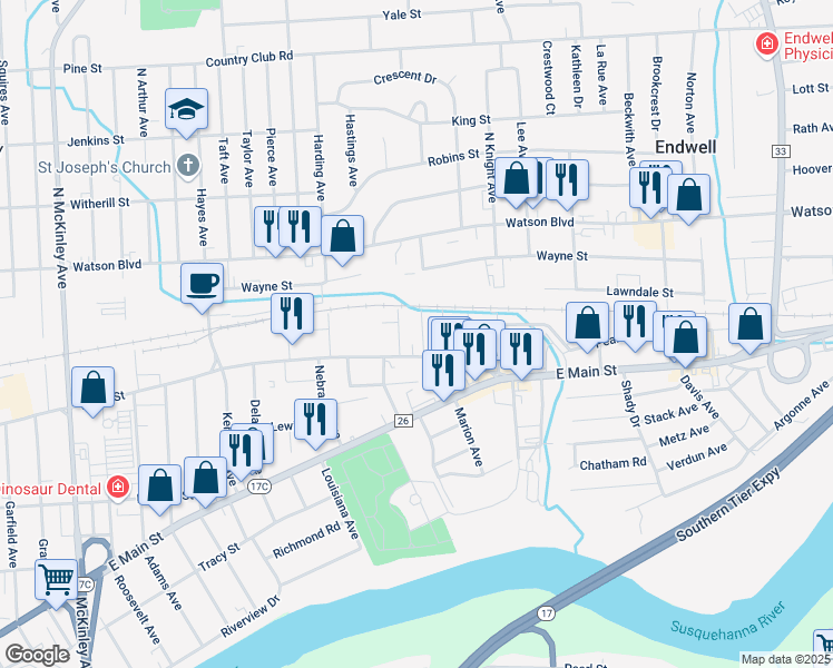 map of restaurants, bars, coffee shops, grocery stores, and more near 9 Alice Avenue in Endicott
