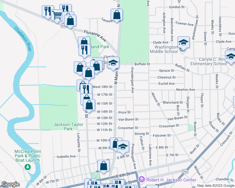 map of restaurants, bars, coffee shops, grocery stores, and more near 11 Kingsbury Street in Jamestown