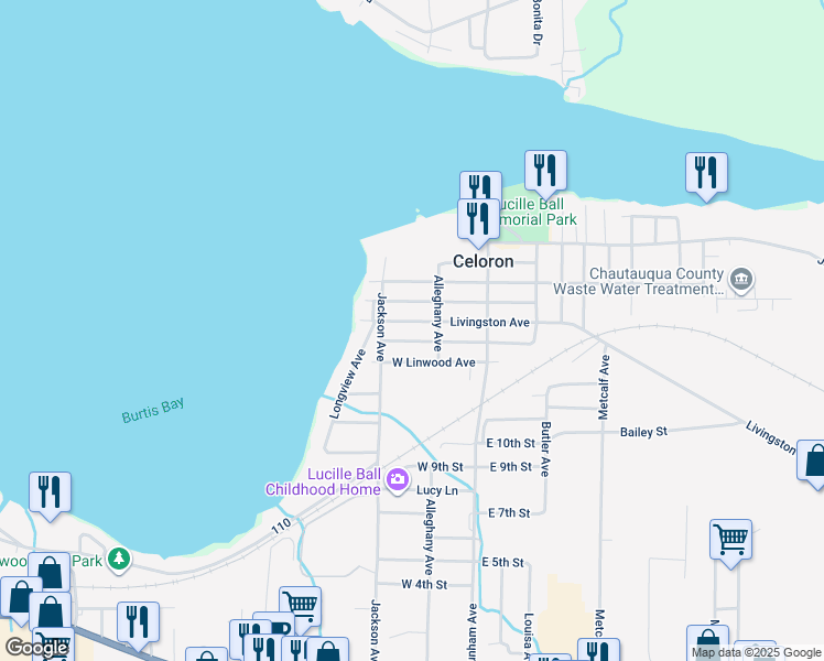 map of restaurants, bars, coffee shops, grocery stores, and more near 52 Livingston Avenue in Jamestown