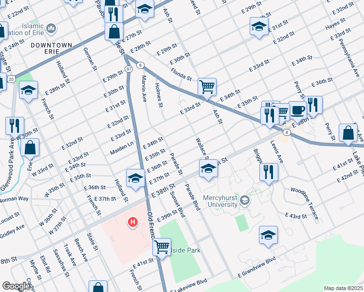 map of restaurants, bars, coffee shops, grocery stores, and more near 451 East 35th Street in Erie