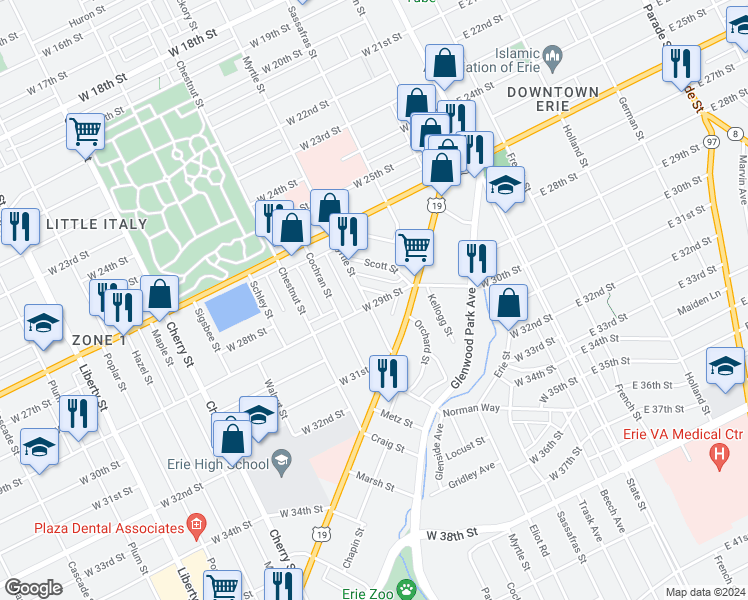 map of restaurants, bars, coffee shops, grocery stores, and more near 10 Summit Street in Erie