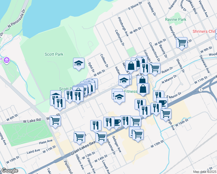 map of restaurants, bars, coffee shops, grocery stores, and more near 2535 South Tracy Drive in Erie