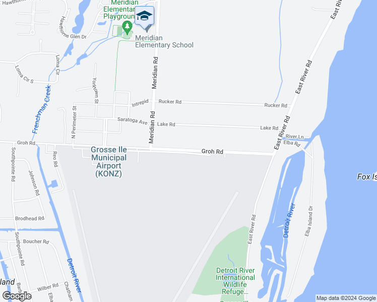 map of restaurants, bars, coffee shops, grocery stores, and more near 9010 Groh Road in Grosse Ile Township